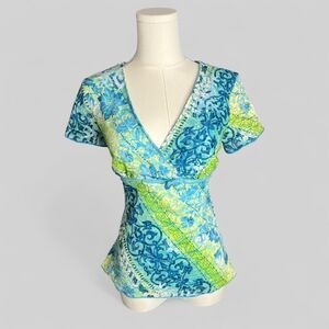 Dressbarn Blue Green Lace Floral Babydoll Top Medium